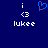 Blue background with white pixelated text and symbols: two 'i <3' pairs flanking a blue heart symbol above the name 'luke' in lowercase.