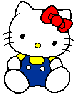 Hello Kitty avatar with red bow and blue overalls in varying sizes on gray background