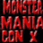 Red pixelated text on black background promotes Monster Mania Con X with dates, location, and event details.