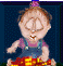 Animated cartoon baby with brown hair and purple top, wearing blue overalls, holding red-and-yellow object against dark blue background.