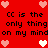 Red background with black text repeating 'CC is the only thing on my mind' and pixelated hearts in pink and white.
