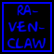 Two adjacent blue-and-black pixelated display text: left shows "RA- VEN- CLAW" and right shows "PRIDE" in blocky font