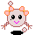 Pixelated cartoon character with pink face, black eyes, and orange-pink flower headpieces; left pose shows closed mouth smile, right pose shows open mouth with tongue.