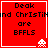 Red square icon with black text reading "Deak and ChristiH are BFFLS" and a white pixelated alien in the bottom-right corner, displayed as four identical arranged in a