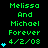 Green pixelated text on black background reads 'Melissa And Michael Forever 4/2/08' with blue heart symbols appearing incrementally across three