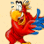 A pixelated character in red and yellow clothing holds a blue object against a light beige background.