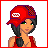 Pixel art character in red crop top, black skirt, and red cap with white text, shown in multiple poses including full-body, legs-only, and text