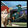 Red-haired anime character with light blue eyes and facial markings stands in foreground while another character in green jumps and spins in background.