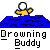 Pixelated character with white head and yellow body partially submerged in blue water, text "Drowning Buddy" below.