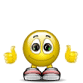 Yellow cartoon emoji with green eyes and pink-and-white shoes, giving a thumbs-up gesture while displaying speech bubbles containing 'YOU' or 'YOU ROCK!' text.