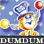 Pixelated cartoon character with white face, blue hat, and yellow body holding red balloon against light blue background.
