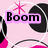 Pixelated pink background with black circular shapes and a pink starburst; text "Boom" appears in multiple configurations.