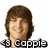 Pixelated image of a person with brown hair and blue eyes, overlaid with black-and-white text in three