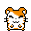 Pixel art hamster character with orange and white coloring in five animated frames showing facial expression changes against a gray background.