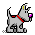 Pixelated cartoon dog with red collar and purple nose in six sequential poses on gray background.