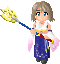 Pixel art character with brown hair and green eyes holding a golden trident, wearing white top and blue skirt with pink accents, displayed in four sequential poses.