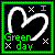 Static pixel art icon featuring a white heart outline, green text reading "Green day," and small X symbols on a black background with a bright green border.