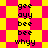 Pixelated text 'gee', 'ayy', 'bee', 'bee', 'whyy' repeated on a yellow and pink checkered background with a diamond pattern overlay.