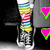 Two pairs of legs in gray pants and sneakers with striped socks, each pair holding two heart-shaped icons that alternate between pink-green and cyan-yellow outlines.