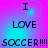 Pixelated text "I LOVE SOCCER!!!!" on a gradient background with shifting cyan and magenta hues.