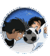 Four circular pixelated icons depict anime characters in various scenes including soccer, trophy lifting, and close-ups with blue backgrounds.