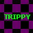 Green pixelated text "TRIPPY" appears four times on a purple and black checkered background with shifting diamond patterns.