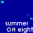 Blue background with green and blue stars, repeated text 'summer OH eight' in white pixelated font across the