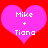 Two identical pink hearts on red background with white text "Mike + Tiana" inside each heart.