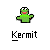 Pixelated green frog character with red mouth and black outline, arms outstretched in a welcoming pose above the word 'Kermit' on gray background.