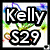 A four- displays text and imagery: 'Kelly S29' in black and white, 'loves' in red, a tennis ball with 'sport' in cyan, and a blank