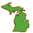Pixelated green map of Michigan with brown and tan borders on a gray background.