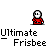 Pixelated character in red and blue outfits with motion effects, displayed under "Ultimate Frisbee" text on gray background.