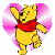 Four 50x50 pixel cartoon character icons arranged in a 2x2 contact sheet, each inside a pink heart-shaped background with white radial stripes.