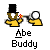 Pixelated character in yellow shirt and black top hat holding magnifying glass, with red splatter on face; text 'Abe Buddy' below.