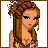Pixel art character with long brown hair, blue eyes, and a floral-patterned crop top paired with dark pants.