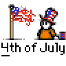 Animated 4th of July buddy icon featuring a cartoon character with patriotic symbols and fireworks, displayed as a contact sheet of sequential frames showing motion progression.
