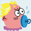 Pixelated cartoon character with pink skin, yellow hair, and blue pacifier in mouth; purple ruffled collar visible.