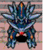 Blue and silver mechanical creature with red accents stands against pink background, head slightly tilted.