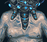 Pixelated figure with metallic chest plate and glowing blue accents, showing animation frames with shifting light effects on torso.