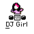 Pixel art animation of a female DJ character with pink hair and purple dress, shown in four frames on a gray background with "DJ Girl" text below.