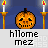 Pixelated pumpkin character in red shirt with changing expressions and poses, holding a white object, against dark blue background with candle-like lights.