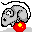 Pixelated static icon of a gray cartoon mouse head with large eyes and a red circular object featuring yellow cross-like symbol attached to its lower right side.