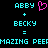 Pixelated cyan text and symbols on black background with pink heart symbol above 'ABBY' in left