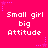 Bright pink background with repeated white text "Small girl big Attitude" in pixelated font, surrounded by purple star and dotted line decorations.