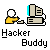 Pixel art icon shows a yellow figure with white head holding a beige object connected to a beige computer with blue screen, below text 'Hacker Buddy' on gray background.