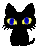 Two pixelated black cats with blue-yellow eyes and yellow curved mouths on gray background.
