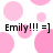 Pink polka dots on white background with repeated text "Emily!!! =]" in black font.