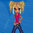 Pixel art of a blonde girl in a pink shirt and dark pants against a blue background, with text phrases below her.