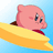 Pixelated pink cartoon character with large eyes and a red mouth riding a yellow flying object against a light blue background.