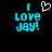 Pixelated cyan text 'I Love Jay!' on black background with white heart symbol above 'Love' in first frame, missing in second frame.